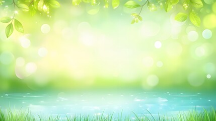 Obraz premium Serene Lakeside Nature Scene Green Leaves Bokeh Background