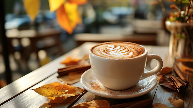 Aromatic latte art coffee in a warm cozy setting with fall leaves and spices.