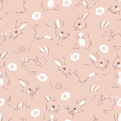 Broken Line Art Rabbits Vector Seamless Pattern