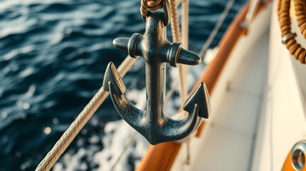 Metal anchor hanging on a sailboat on the sea during a sunny day