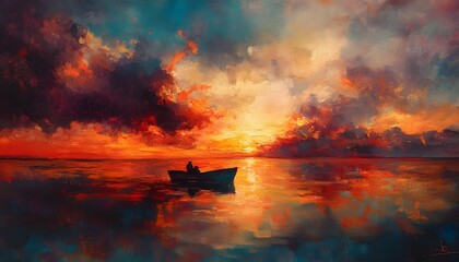 Silhouettes of people in a small boat at sunset.