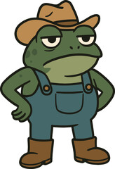 Grumpy Cartoon Farmer Frog in Overalls and Cowboy Hat  Country Style Illustration

