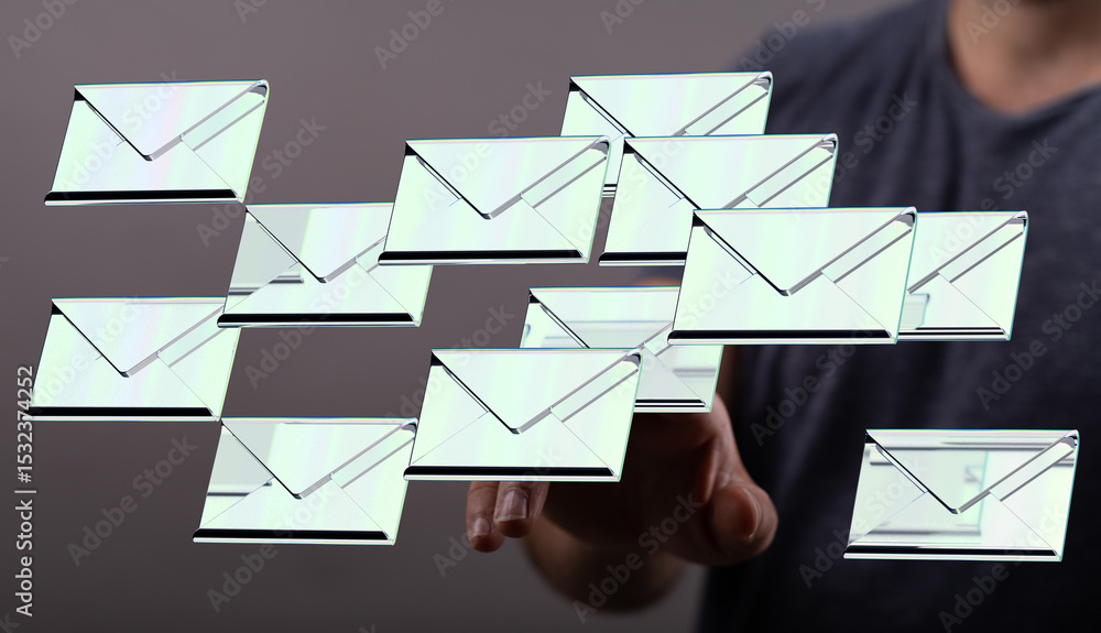 Poster A hand interacts with a digital display showing many email envelopes, illustrating email management.