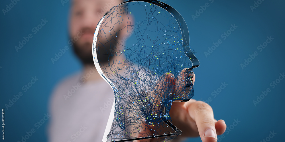 Leinwandbilder Abstract image of a man interacting with a digital representation of a neural network, symbolizing AI, technology, and human connection.