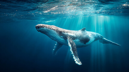 Mother humpback whale swimming with calf