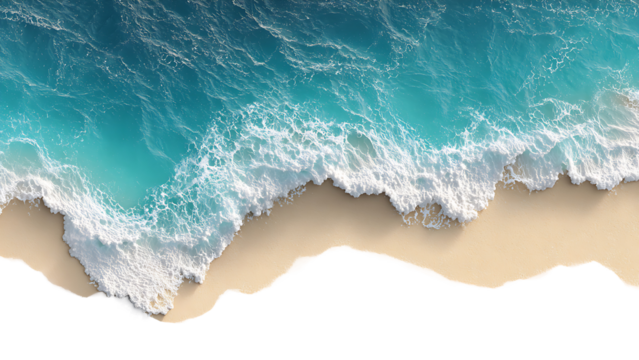 An aerial view of ocean waves crashing onto a sandy beach on transparent background PNG