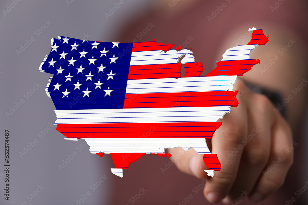 Poster high-quality stock photo of a hand interacting with a digital us map designed with the american flag