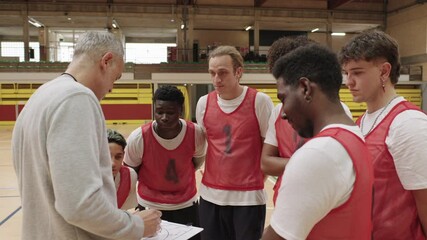 Basketball coach explaining strategy to team - Powered by Adobe