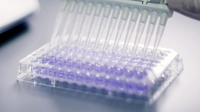 Medical Scientist or researcher use multichannel Pipette Dispensing purple Liquid into 96 wells plate at modern laboratory cleanroom environmental facility setting.