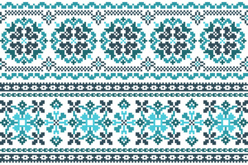 Pixel art embroidery pattern. Repeating Ukraine ornament pattern design with floral. Detailed Vector, white background. For use as neckline embroidery, border design, print, textile, carpet. © N Tana