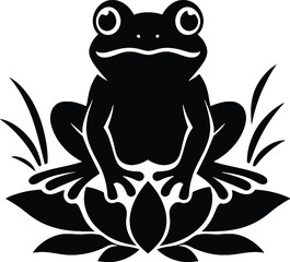 Frog Silhouette Sitting on Lotus Flower Vector Illustration

