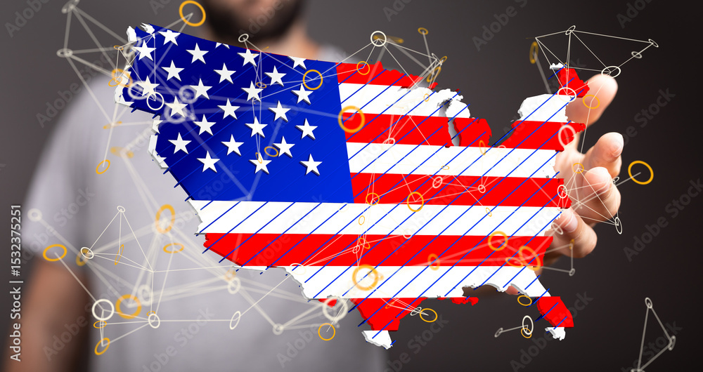 Poster Abstract image of a US map with network connections.  Patriotic digital technology concept.