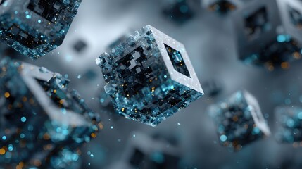 Abstract geometric design with glowing blue and orange cubes floating in space

