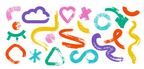 Colorful playful abstract geometric shapes in grunge doodle style. Naive brush drawn bold elements wavy lines.