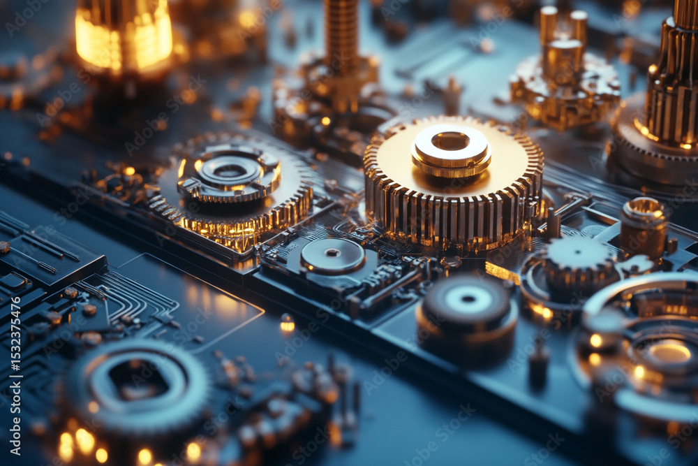 Poster intricate metallic gears and circuits illuminated with warm light a complex technological design