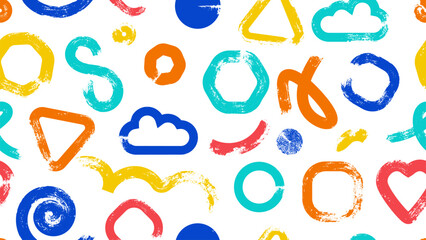 Grunge childish colorful seamless pattern with circle, lines, cloud and dots. Hand drawn geometric shapes. Modern stylish texture. Vector ink Illustration print.