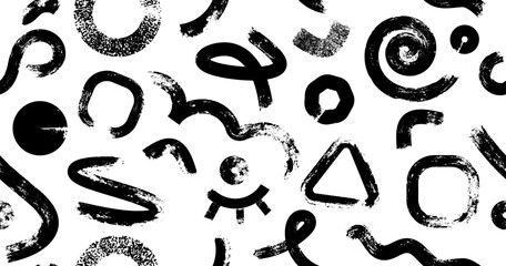 Grunge seamless pattern with circle, wave lines, triangles and dots. Hand drawn geometric shapes. Modern stylish texture. Vector ink Illustration print.
