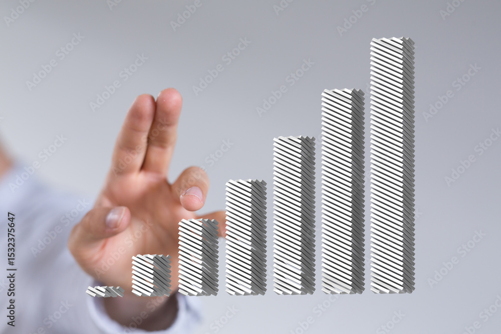 Poster stock photo of a hand interacting with a 3d bar graph showing upward growth. ideal for business, fin