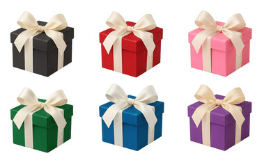 Set of gift boxes in various colors with ribbons on transparent background  