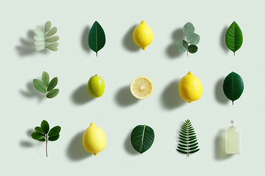 Neatly arranged lemons and assorted foliage align upon pale background.