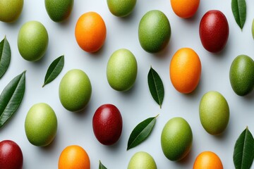 Colorful arrangement of eggs and leaves showcases vibrant spring hues on a soft blue background