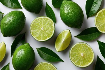 Fresh limes and green leaves arranged artistically on a bright background for culinary and decorative use