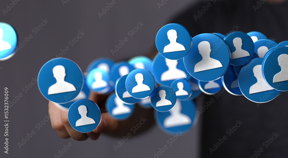 Aufkleber Abstract image of a hand interacting with numerous blue profile icons, representing social media connections and networking.