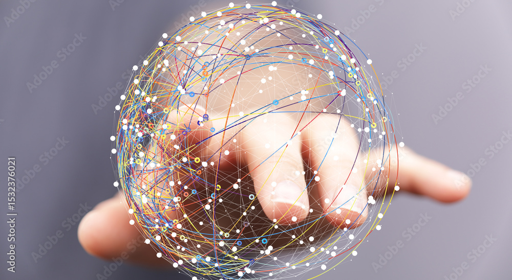 Poster Hand interacting with a digital globe, representing global connectivity and networking.