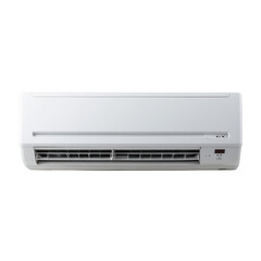 A close up shot of a white wall mounted air conditioner with vents and a small display panel on it