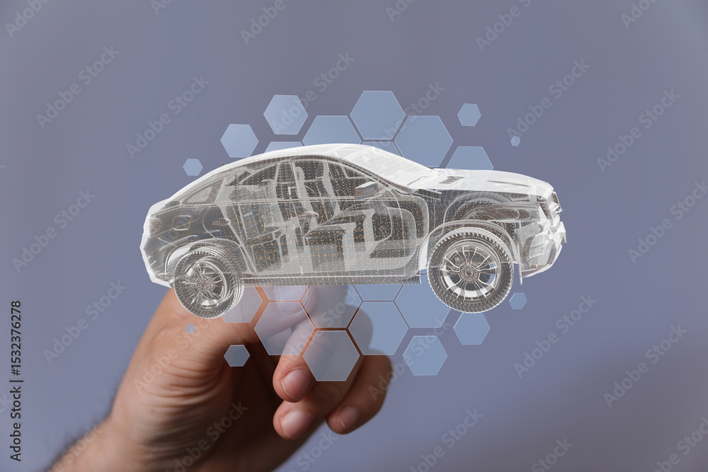 Poster high-tech image of a car's 3d model, perfect for automotive, technology, and innovation concepts.