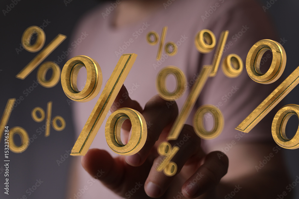 Poster 3d render of golden percentage symbols floating, hand interacting.