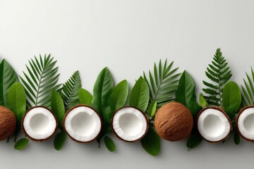 Fresh coconuts and leafy greens arranged on a neutral background for tropical decoration