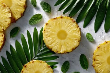 Fresh pineapple slices on a marble surface surrounded by palm leaves and mint leaves creating a tropical vibe