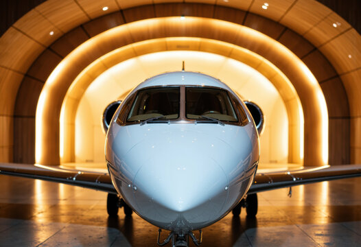 Modern private jet aircraft displayed in an elegant indoor setting with warm lighting