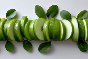 Freshly sliced green apples arranged with leaves for appealing display and presentation in bright lighting