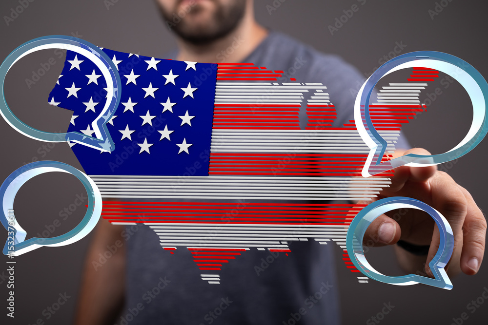Poster Digital illustration of a US map with chat bubbles, representing communication and connection.