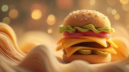 vibrant, toy-like burger with colorful, non-edible toppings in a soft, glowing background.