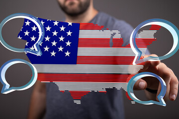 Digital illustration of a US map with chat bubbles, representing communication and connection.