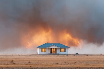 Dramatic view of a house threatened by a raging wildfire near a dry landscape at sunset