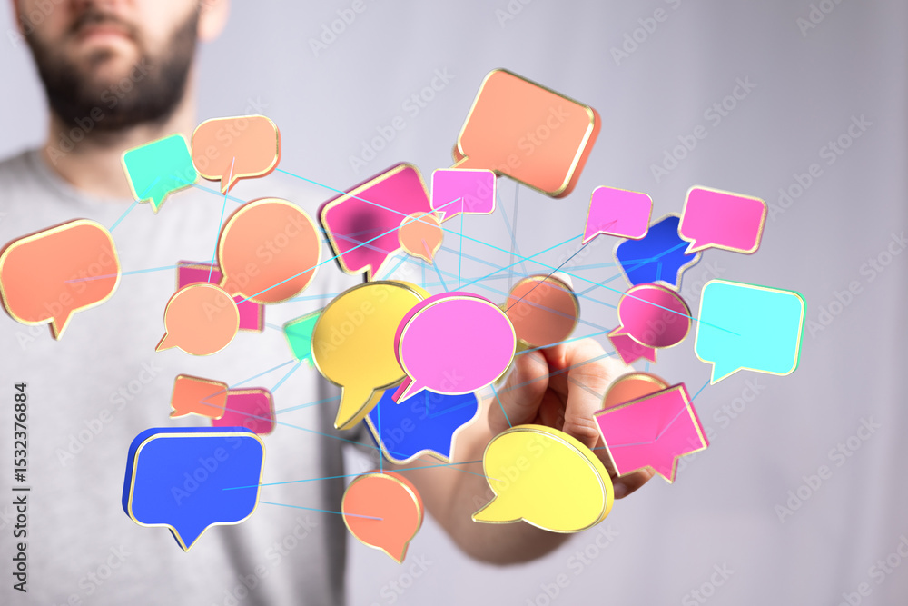Poster abstract image of interconnected speech bubbles, symbolizing communication, networking, and social m