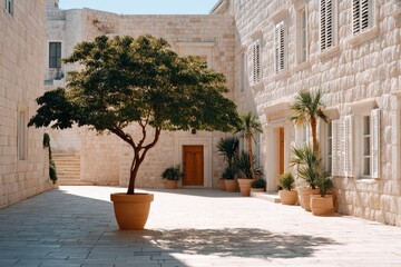 Elegant courtyard with lush trees and warm stone walls in a serene midday setting