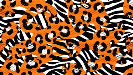 Pop art animal prints with bold color blocking, halftone shading, and stylized leopard spots and zebra stripes in bright, repeating patterns.