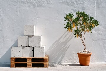 White wall backdrop features stacked blocks on wooden pallets beside a potted plant with yellow flowers in bright sunlight