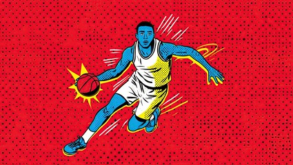 Dynamic basketball or soccer player mid-action in bold pop art style with bright colors, halftone shading, speed lines, and comic starbursts.