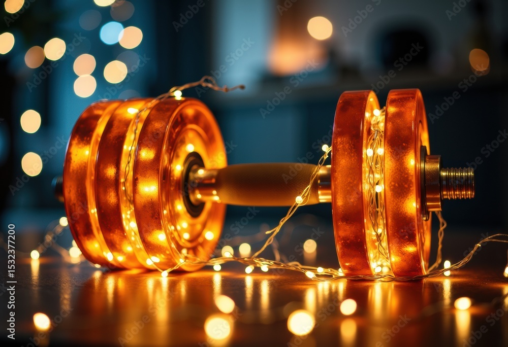 Poster decorative illuminated dumbbell with warm string lights on a reflective surface