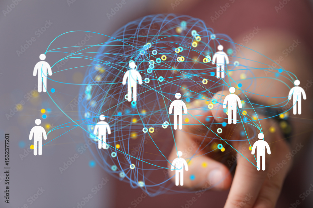 Poster image of a hand interacting with a digital network of people, symbolizing global connectivity and on