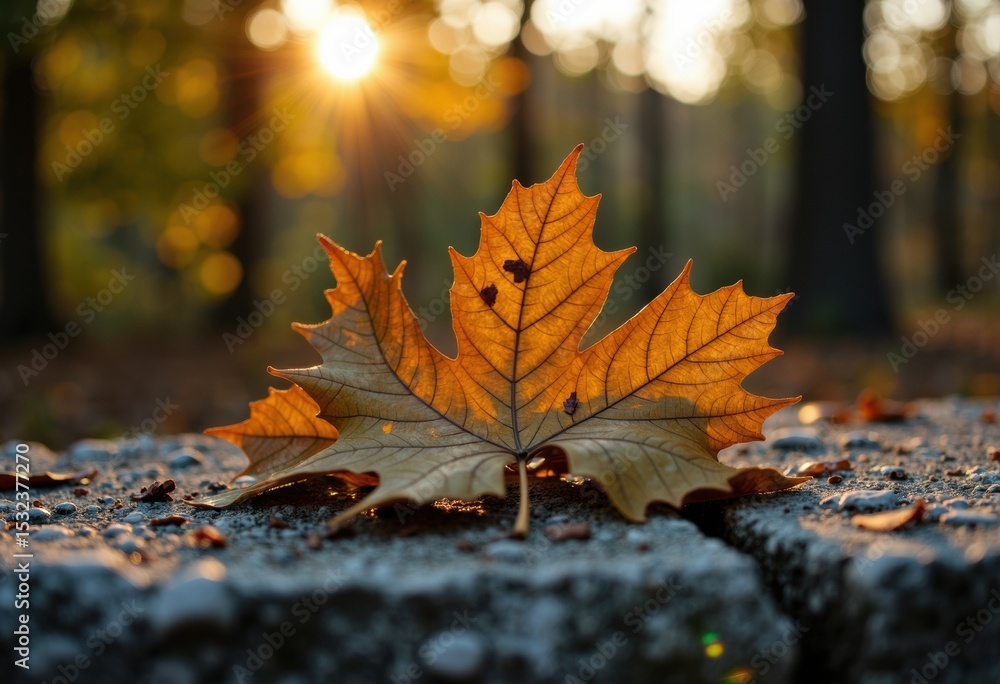 Poster autumn maple leaf on the ground with sunlight filtering through trees in the background