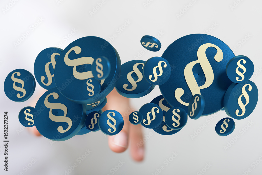 Poster abstract image of paragraph symbols floating towards a hand, representing legal concepts, law, and j