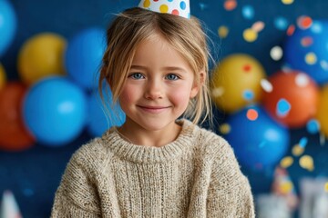 Happy child celebrating birthday party with colorful balloons and confetti in a joyful indoor setting