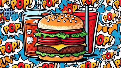 Juicy burger and soda in bold pop art style with bright colors, thick outlines, halftone shading, and comic “POP!” text bubbles on a dotted background.
